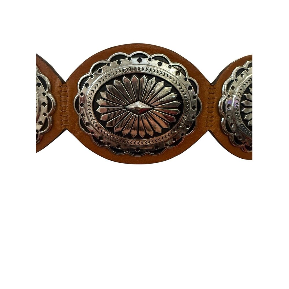 Western Concho Statement Belt Cognac Brown Faux Leather Silver Tone Stretch 38” - Picture 4 of 7